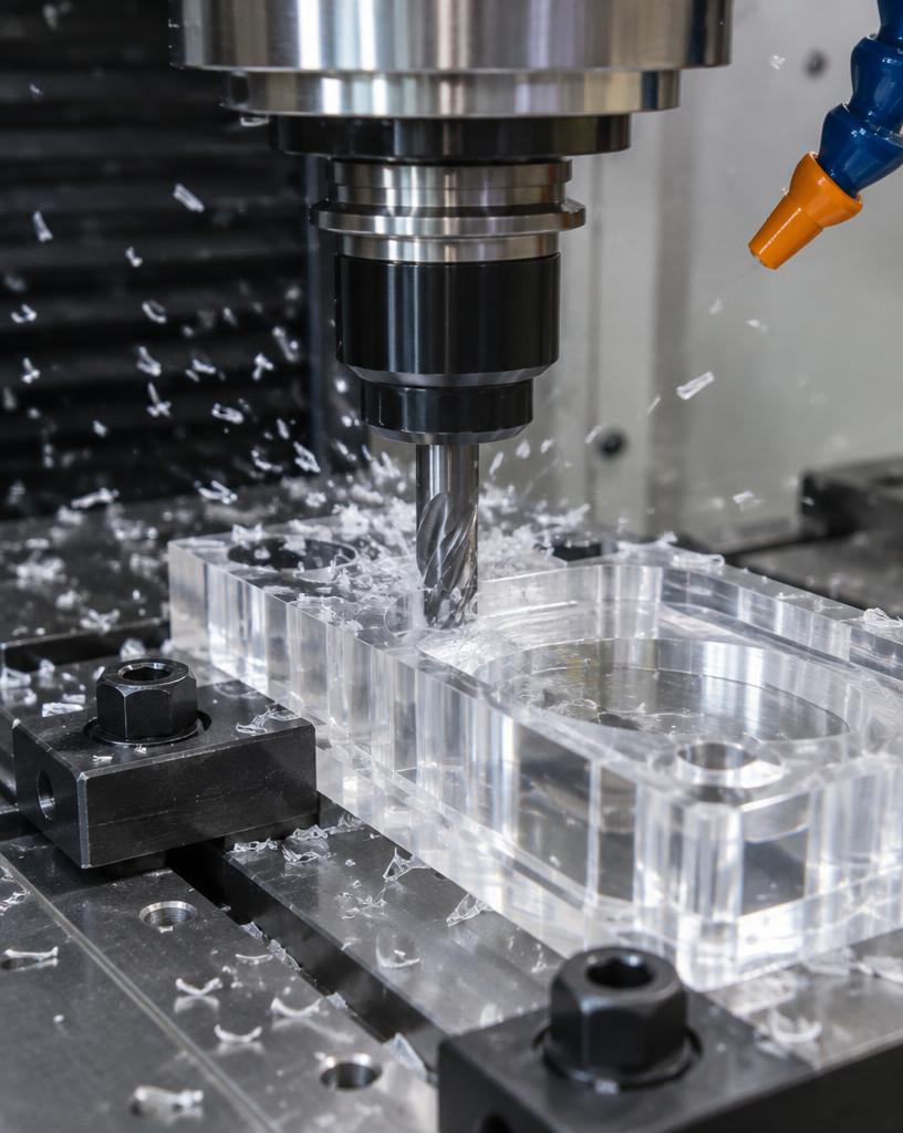 Fresadora CNC usinando peça em acrílico