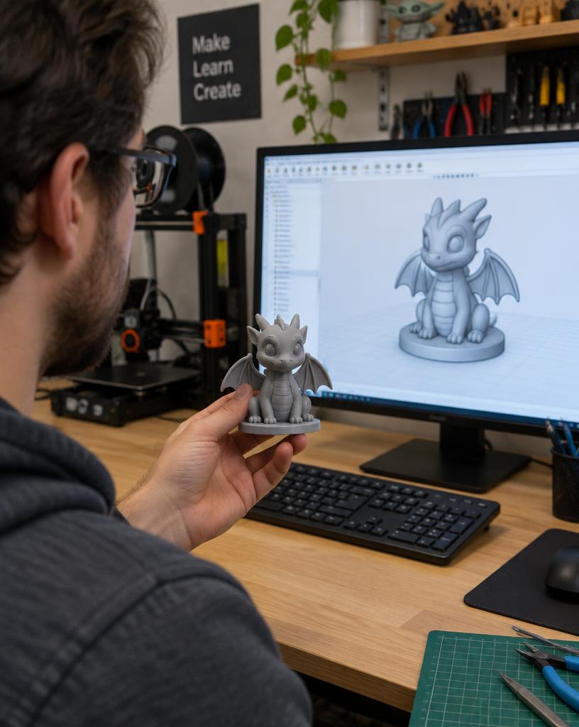 Maker segurando figura impressa em 3D diante do modelo no monitor
