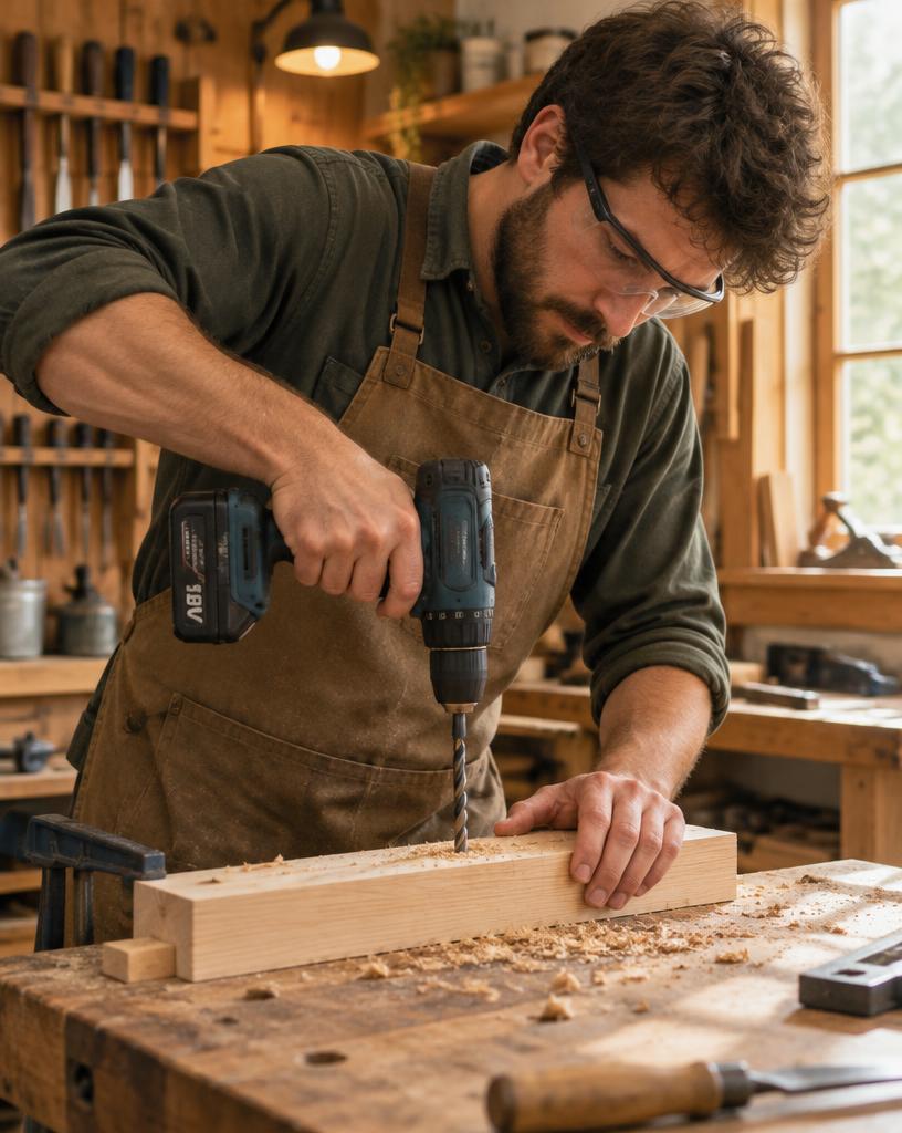 Maker furando peça de madeira em oficina